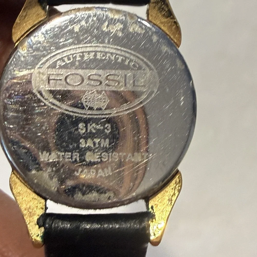 Vintage Fossil SK-3 Skeleton Dial Women's Watch Black Leather Quartz Japan